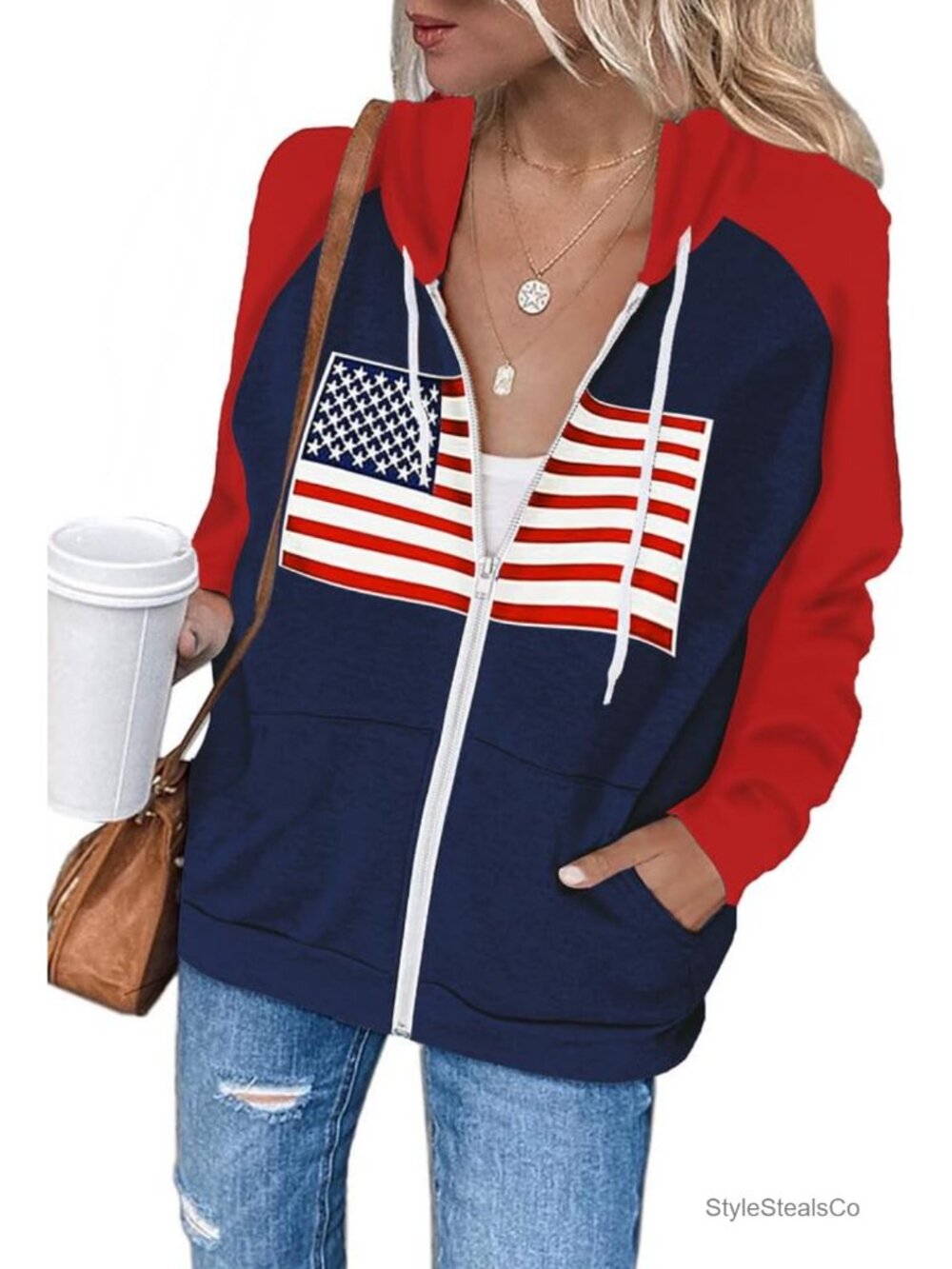 Women's USA Flag Zip Up Hoodie Patriotic Casual Cotton Long Sleeve Full Zip